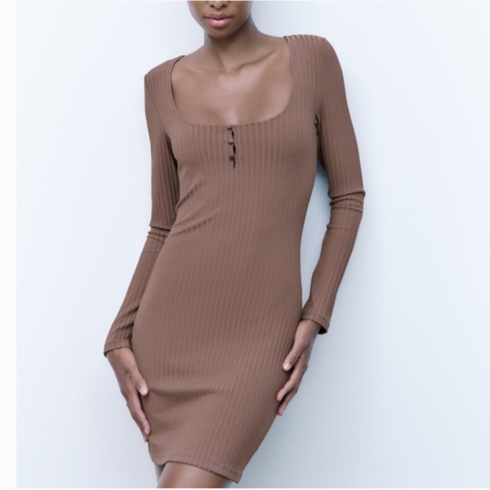 ZARA Long Sleeve Ribbed Bodycon Henley Dress Taupe Brown Size M Medium